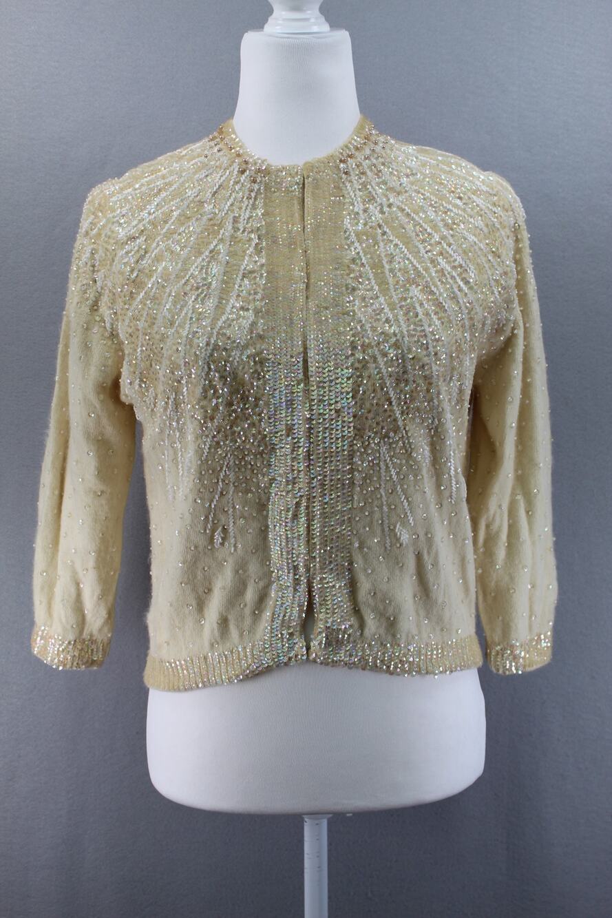 True Vintage Mid Century Beaded Sequin Cardigan Sweater Women's Small Cocktail
